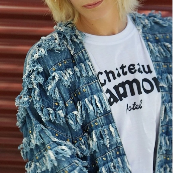 Vintage 80s Paula Sweet Muslin Mink Fringe Denim Jacket Large Blue USA Lagenlook - Picture 4 of 12